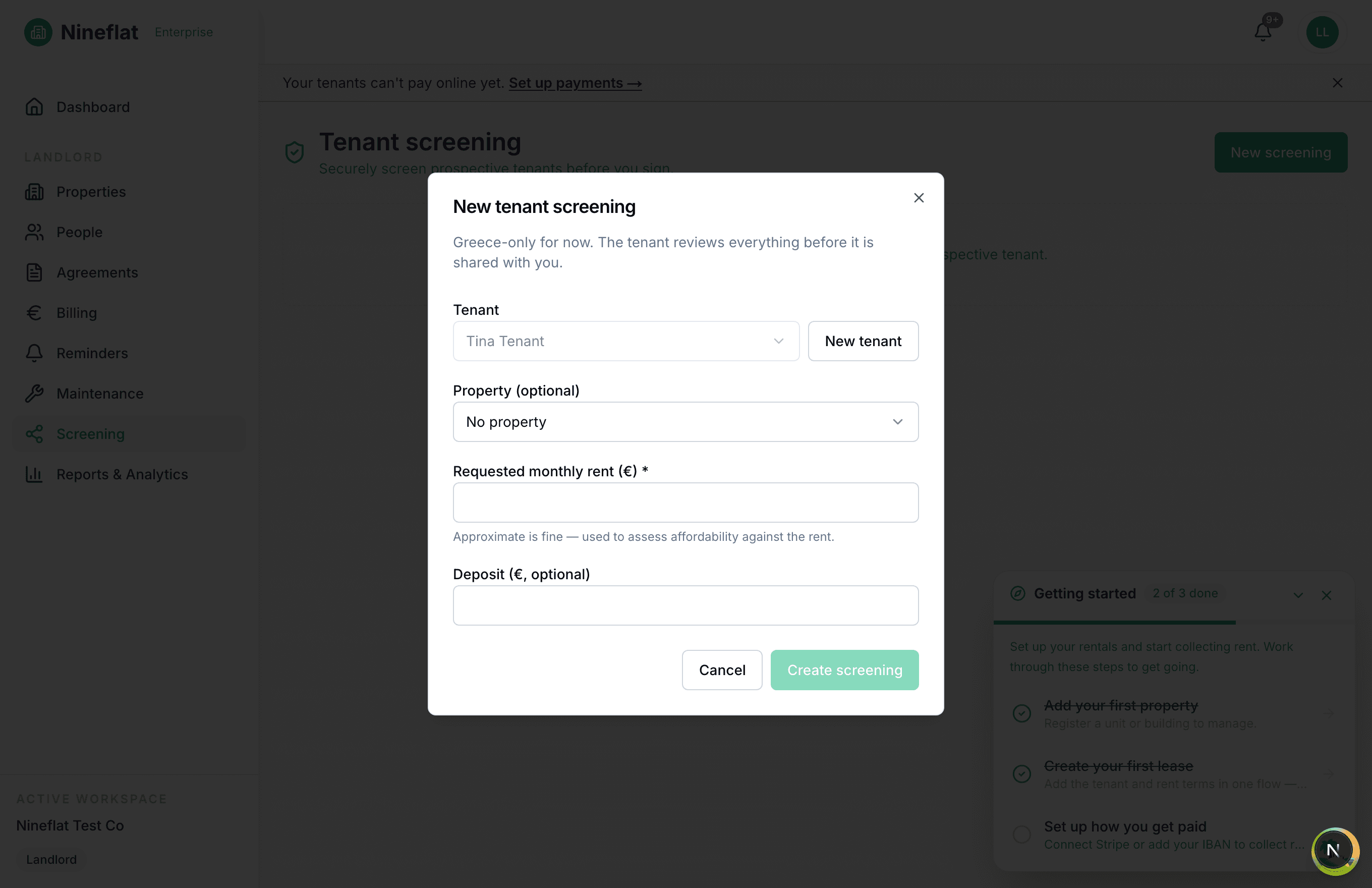 Starting a tenant screening in Nineflat — pick the tenant and property; rent fills in from the lease