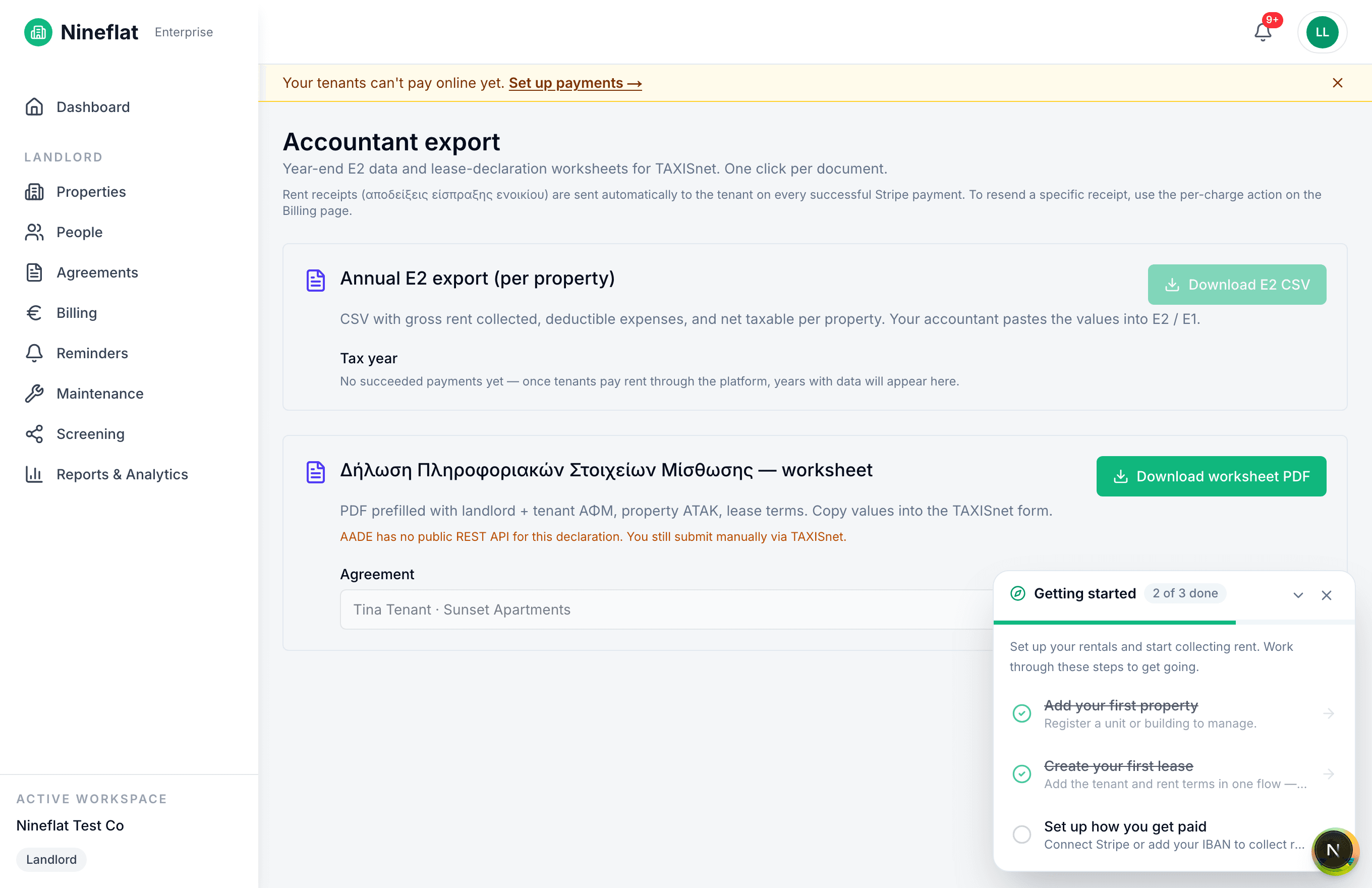 Nineflat accountant export — annual Ε2 CSV and Δήλωση Μισθώσεων worksheet, ready to download